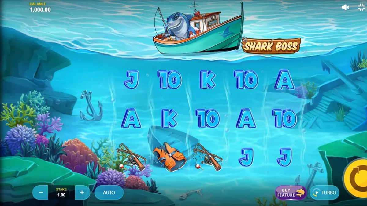 Shark Boss slot game interface na nagpapakita ng pating sa bangka
