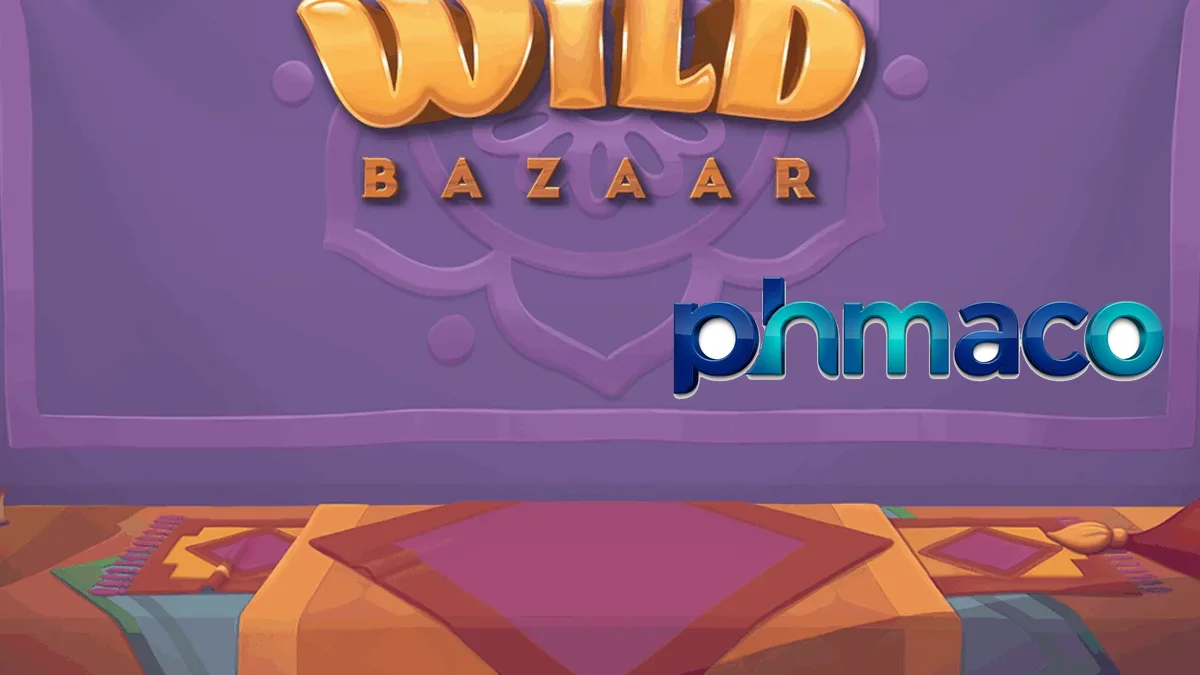 Makulay na disenyo ng Wild Bazaar slot na may mga baul at simbolo ng palengke.
